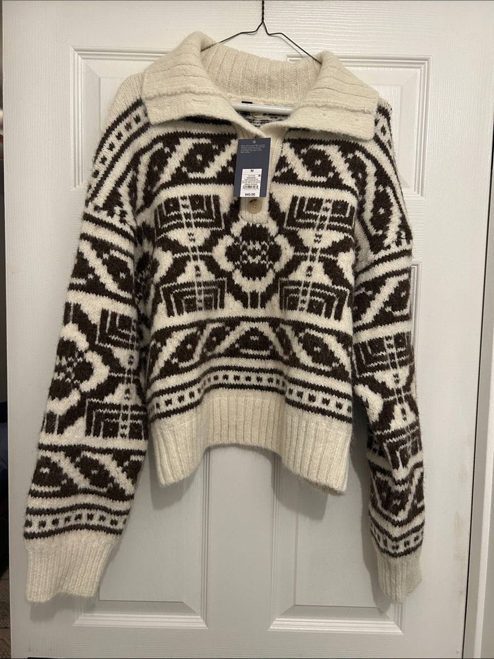 Universal Thread Cream & Brown Fair Isle V-Neck Sweater